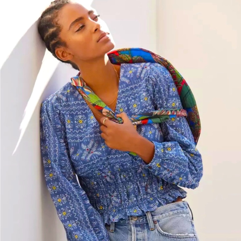 Anthropologie Forever That Girl Embroidered Smocked Top Size Large